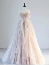 Champagne Pink A-Line Off Shoulder Tulle Lace Long Prom Dress